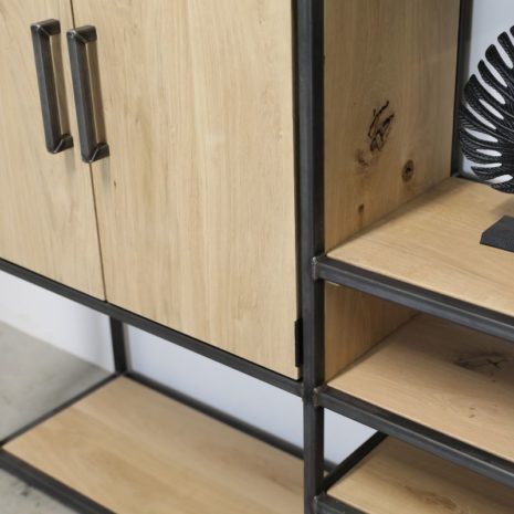 industriele vakkenkast eikenhout en staal 9 - 160cm breed x 200cm hoog - transparant gespoten stalen frame