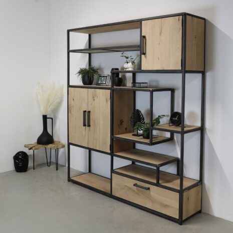 vakkenkast eikenhout en staal 9 160cm breed x 200cm hoog vakkenkast eikenhout en staal 9 - 160cm breed x 200cm hoog