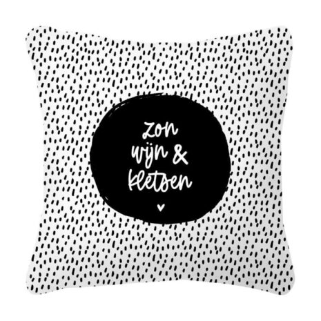 Buitenkussen zwart wit zon wijn kletsen 40x40 1 Buitenkussen zwart wit - zon wijn & kletsen 40x40