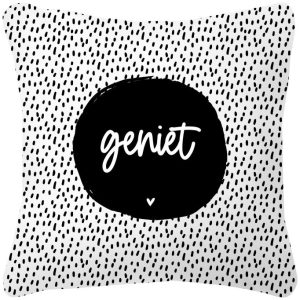 Tuinkussen wit met tekst Geniet en zwart wit patroon 40x40cm