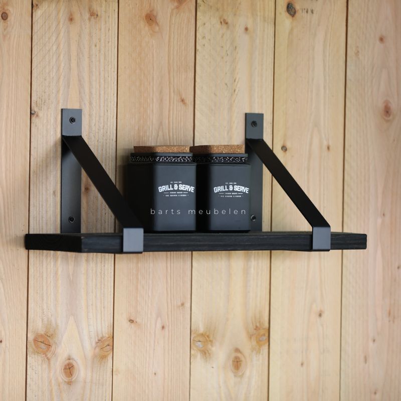 wandplank zwart met stalen beugels wandplank zwart met stalen beugels