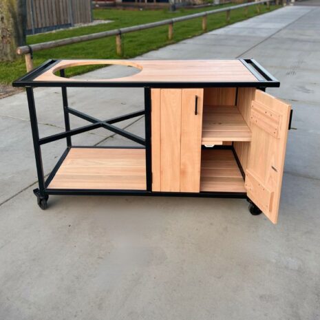 Buitenkeuken op wielen eucalyptus met open kastje