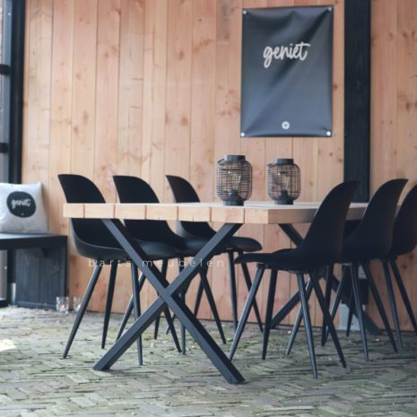 tuintafel eucalyptus met zwart metalen x-onderstel 3