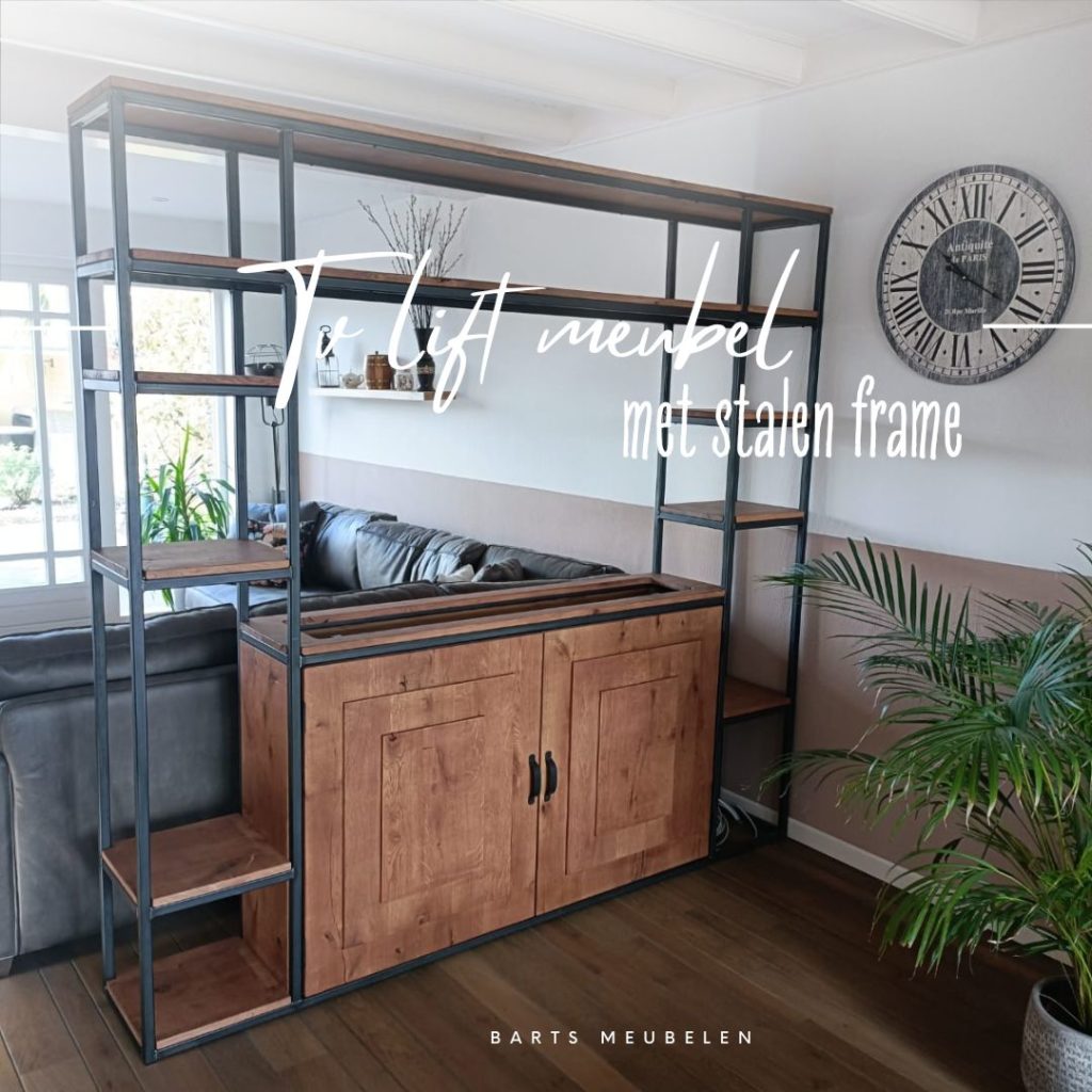 afbeelding met tekst - tv lift meubel