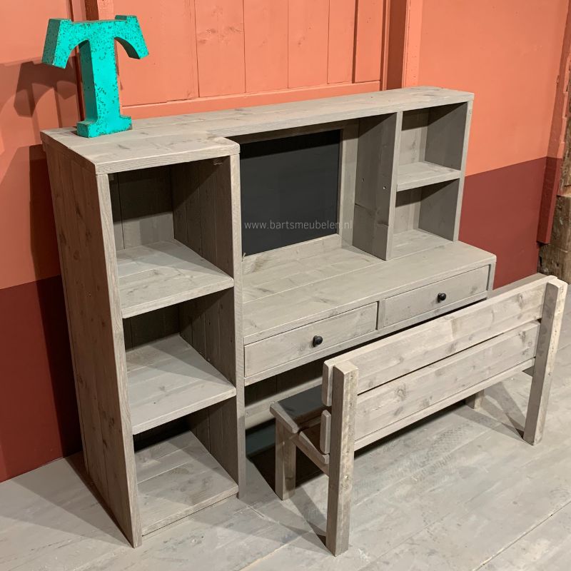 Speeltafel bureau van steigerhout voor de allerkleinsten 2 6 jaar met bankje closeup Speeltafel bureau van steigerhout voor de allerkleinsten 2-6 jaar - met bankje - closeup
