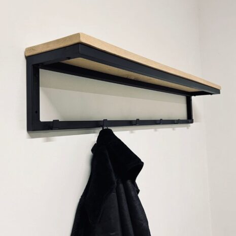 Industrieel wand kapstok 120cm enkele rij van eikenhout en staal