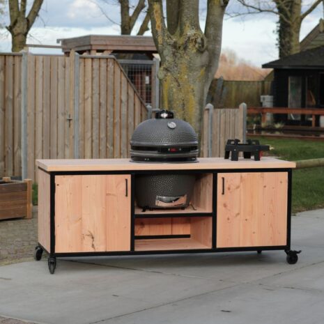 kamado tafel 205 industrieel + kamado grill guru + wokpan