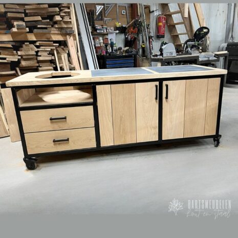 eikenhouten buitenkeuken 2 tegels in het blad en 2 lades voor compact kamado eikenhouten buitenkeuken - 2 tegels in het blad en 2 lades voor compact kamado