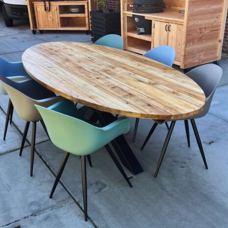 Teakhouten tuintafel ovaal 240x110 met stalen onderstel